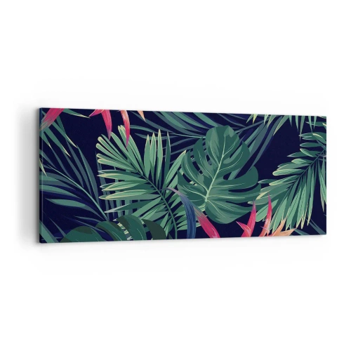Cuadro sobre lienzo - Impresión de Imagen - Hojas y flores tropicales sobre un fondo oscuro. - 120x50cm - Encender el color verde - Decoración de pared moderna para salón y dormitorio ARTTOR