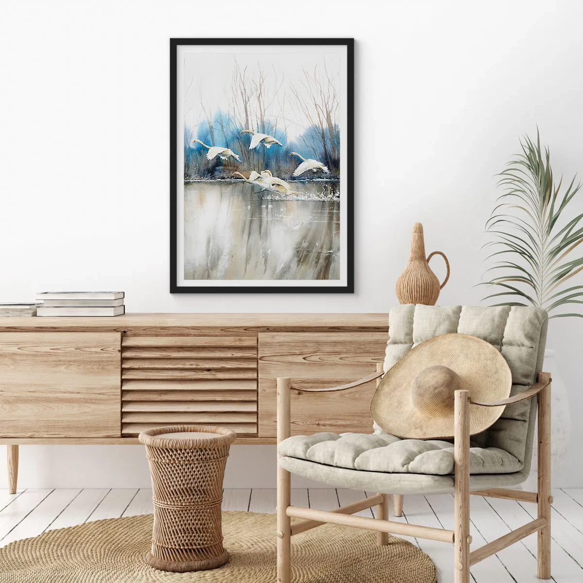 Póster en marco negro - Una bandada de cisnes flotando sobre el agua en un estilo pictórico. - 50x70cm - Como en un cuento de cisnes salvajes - Decoración de pared moderna para salón y dormitorio ARTTOR