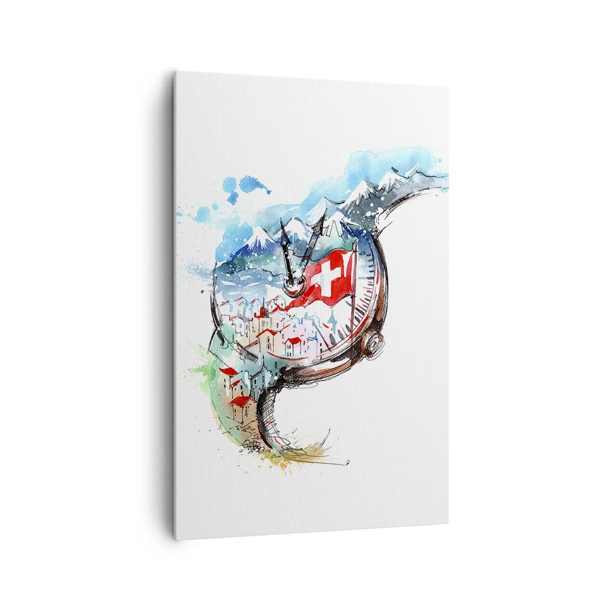 Cuadro sobre lienzo - Impresión de Imagen - Un paisaje de acuarela de Suiza con un diseño de relojería. - 80x120cm - El espíritu de Suiza - Decoración de pared moderna para salón y dormitorio ARTTOR