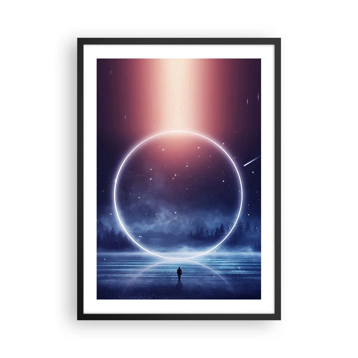 Póster en marco negro - Silueta de una persona en un círculo de luz sobre un fondo de estrellas. - 50x70cm - Ya están aquí... - Decoración de pared moderna para salón y dormitorio ARTTOR