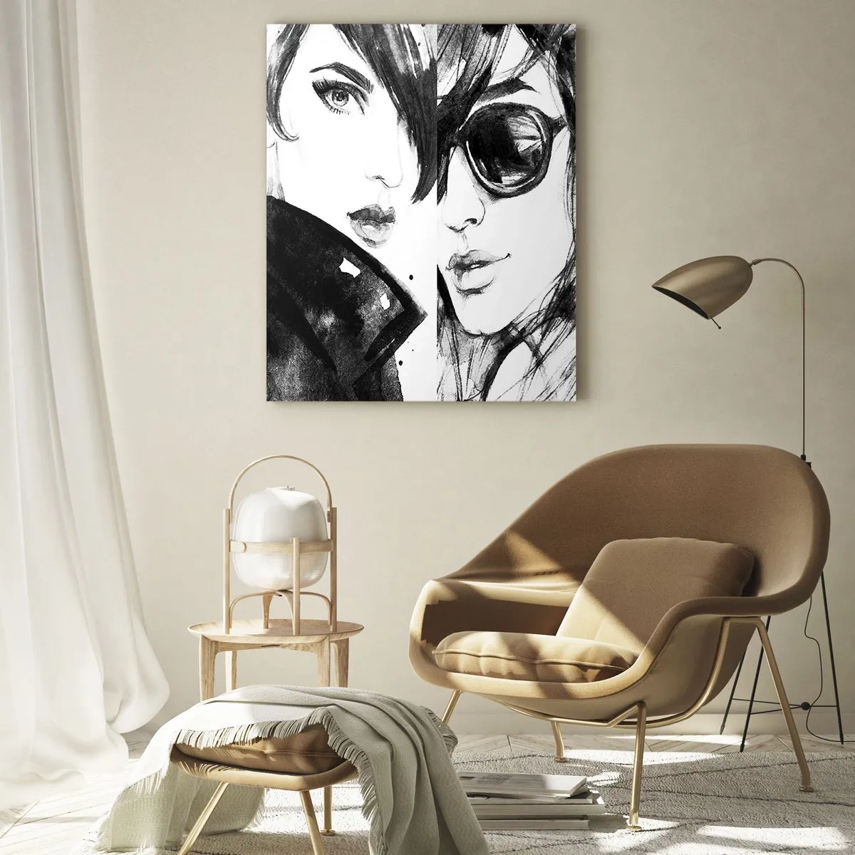 Cuadro sobre vidrio - Impresiones sobre Vidrio - Retratos esquemáticos de mujeres en blanco y negro - 50x70cm - La belleza multiplicada - Decoración de pared moderna para salón y dormitorio ARTTOR