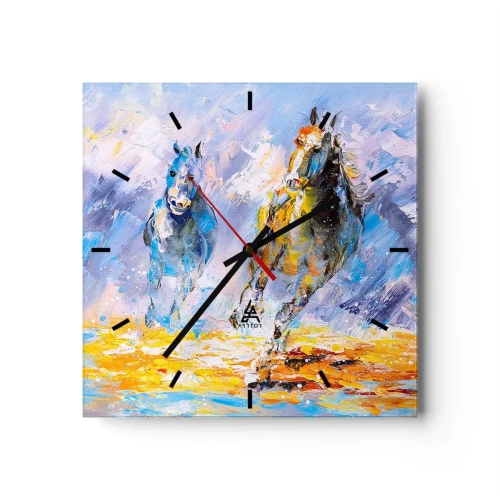 Reloj de pared - Reloj de vidrio - Dos caballos en movimiento con el telón de fondo de un paisaje abstracto. - 30x30cm - Galopando a través del resplandor - Decoración de pared moderna para salón y dormitorio ARTTOR