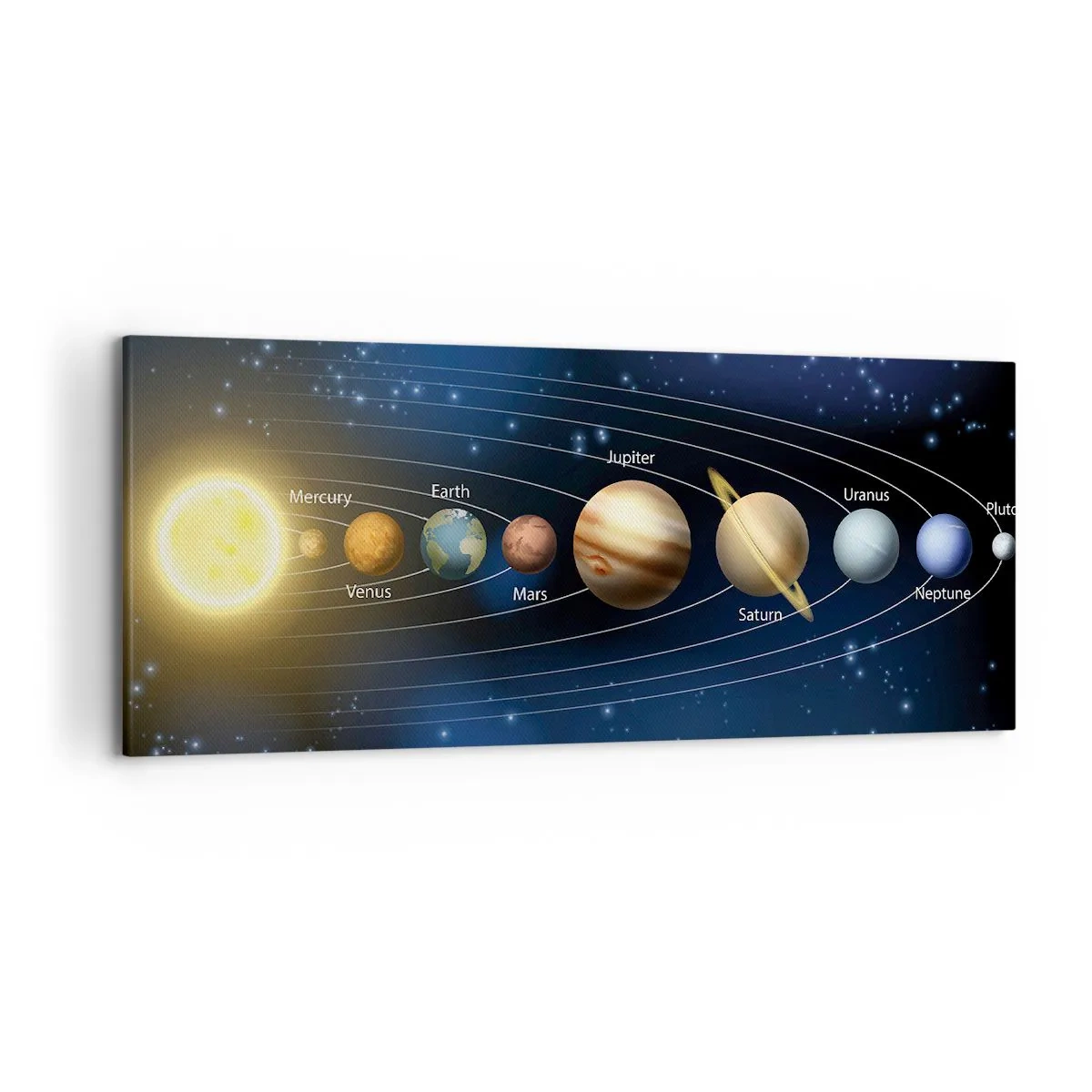 Cuadro sobre lienzo - Impresión de Imagen - Diagrama del sistema solar con planetas y el sol. - 120x50cm - Uno de diez - Decoración de pared moderna para salón y dormitorio ARTTOR