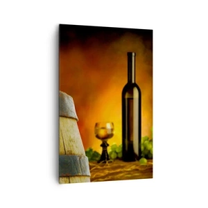 Cuadro sobre lienzo - Impresión de Imagen - Uvas en un barril de vino con un esquema de colores cálidos en el fondo. - 80x120cm - Bodegón con botella de vino y racimo de uvas - Decoración de pared moderna para salón y dormitorio ARTTOR