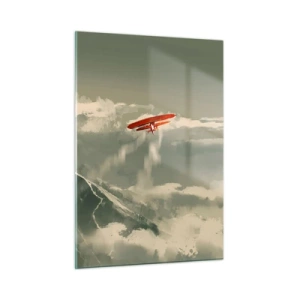 Cuadro sobre vidrio - Impresiones sobre Vidrio - Un avión rojo volando sobre montañas nevadas. - 50x70cm - Pionero sin miedo - Decoración de pared moderna para salón y dormitorio ARTTOR