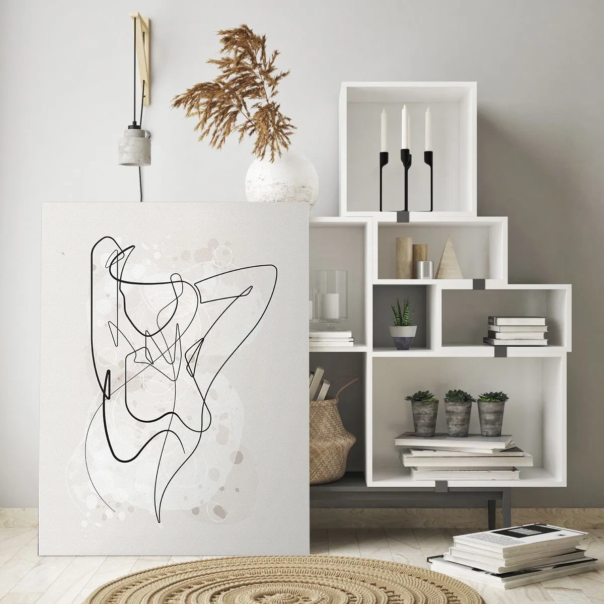 Cuadro sobre vidrio - Impresiones sobre Vidrio - Una silueta femenina dibujada con una línea sobre un fondo claro. - 50x70cm - El arte de la seducción - Decoración de pared moderna para salón y dormitorio ARTTOR