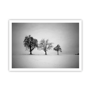 Póster - Tres árboles en un campo nevado en estilo monocromático. - 100x70cm - ¿Con qué sueñan? - Decoración de pared moderna para salón y dormitorio ARTTOR