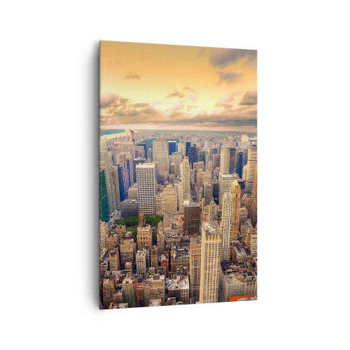 Cuadro sobre lienzo - Impresión de Imagen - Panorama de la ciudad con vistas a los rascacielos al atardecer - 80x120cm - Metrópolis dorada - Decoración de pared moderna para salón y dormitorio ARTTOR