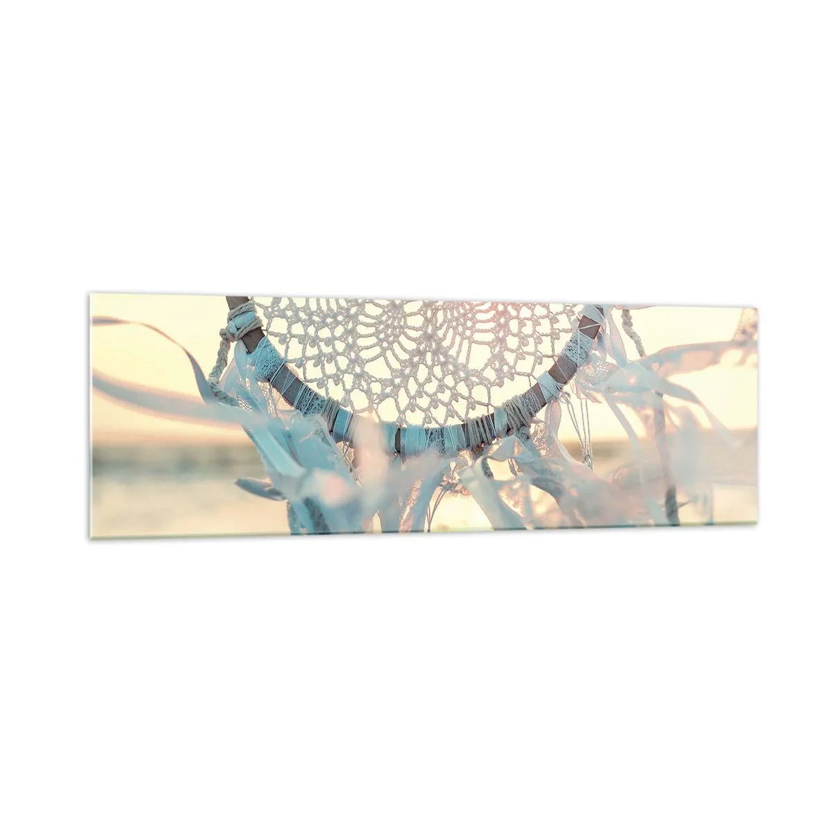 Cuadro sobre vidrio - Impresiones sobre Vidrio - Un delicado atrapasueños con el sol poniente como telón de fondo. - 160x50cm - Tótem sagrado - Decoración de pared moderna para salón y dormitorio ARTTOR
