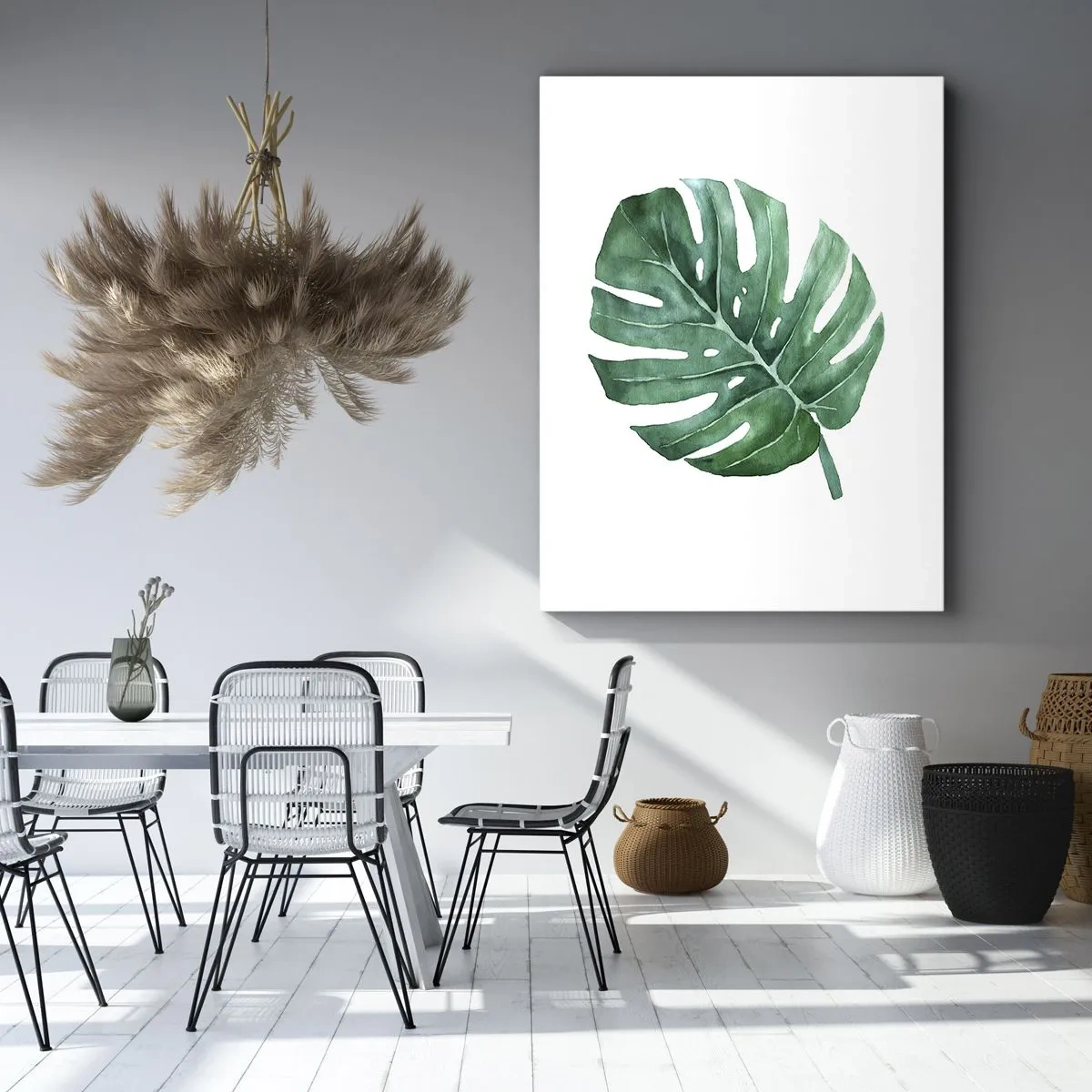 Cuadro sobre lienzo - Impresión de Imagen - Hoja de monstera verde en estilo minimalista - 80x120cm - Concepto verde - Decoración de pared moderna para salón y dormitorio ARTTOR