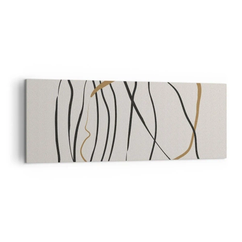 Cuadro sobre lienzo - Impresión de Imagen - Líneas artísticas en negro y dorado sobre un fondo claro. - 140x50cm - Composición: danza lineal - Decoración de pared moderna para salón y dormitorio ARTTOR