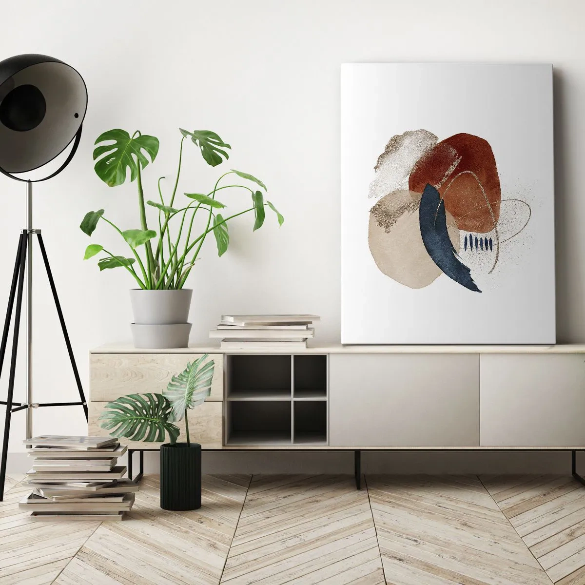Cuadro sobre lienzo - Impresión de Imagen - Una composición abstracta con manchas en tonos tierra y azul marino. - 50x70cm - Composición ovalada - Decoración de pared moderna para salón y dormitorio ARTTOR