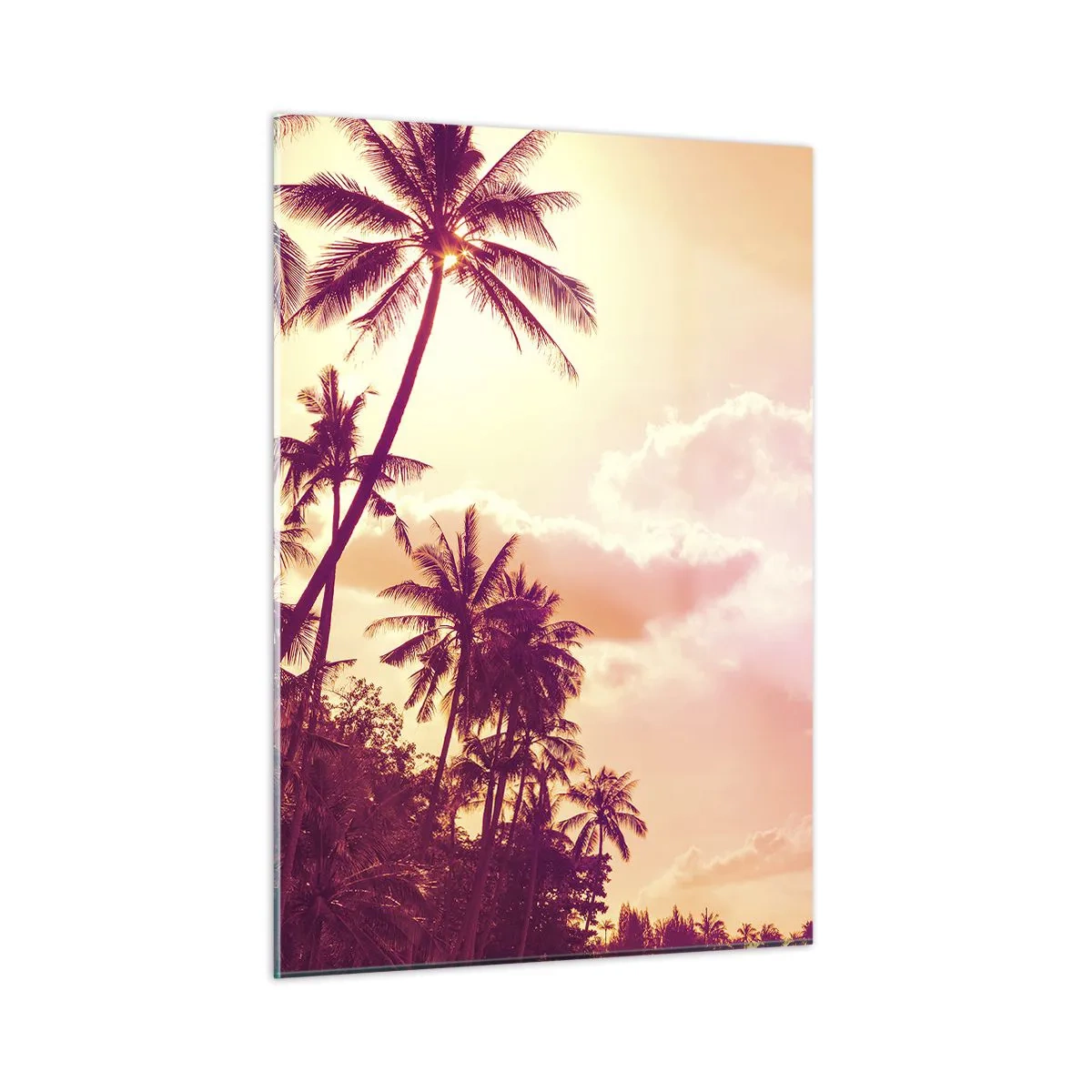 Cuadro sobre vidrio - Impresiones sobre Vidrio - Palmeras tropicales a la luz del sol poniente contra un cielo rosado - 50x70cm - Debes elegir - Decoración de pared moderna para salón y dormitorio ARTTOR