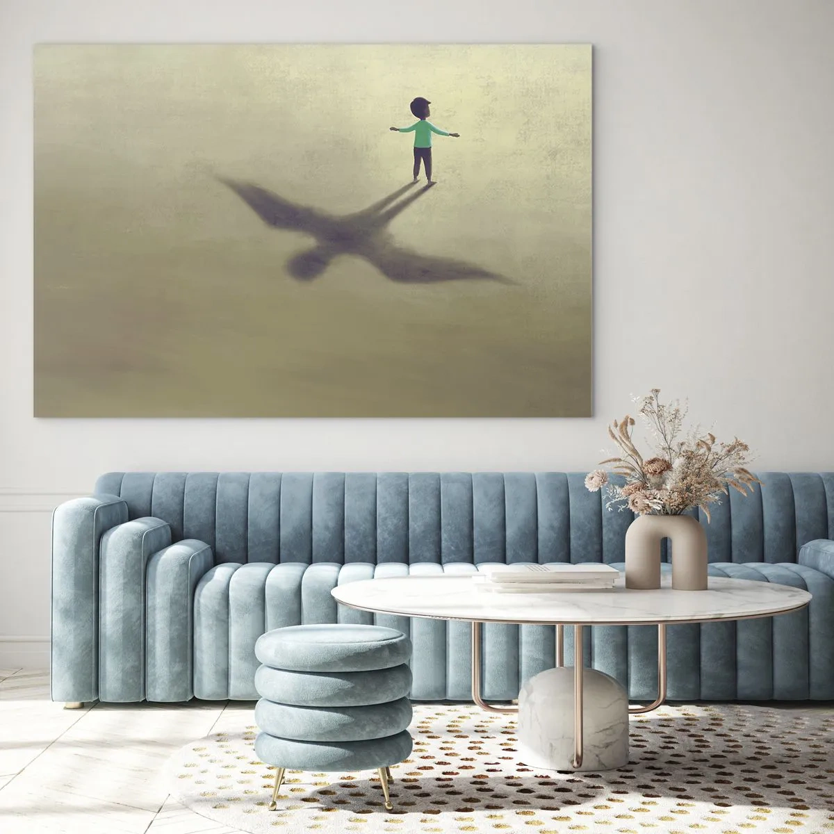 Cuadro sobre vidrio - Impresiones sobre Vidrio - Un niño con una sombra en forma de pájaro sobre un fondo beige. - 70x50cm - Héroe del futuro - Decoración de pared moderna para salón y dormitorio ARTTOR