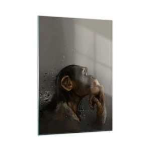 Cuadro sobre vidrio - Impresiones sobre Vidrio - Un mono pensativo sobre un fondo oscuro con efecto de salpicaduras. - 50x70cm - La evolución del pensador - Decoración de pared moderna para salón y dormitorio ARTTOR