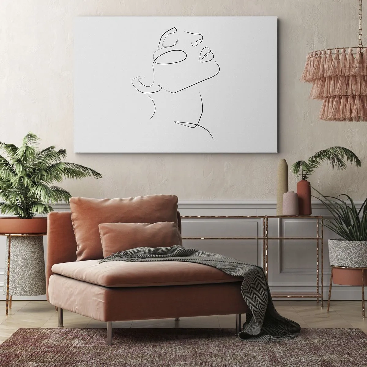 Cuadro sobre lienzo - Impresión de Imagen - Un boceto minimalista del rostro de una mujer de perfil. - 100x70cm - Meandros de un sueño - Decoración de pared moderna para salón y dormitorio ARTTOR