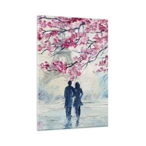 Cuadro sobre vidrio - Impresiones sobre Vidrio - Una pareja bajo árboles rosados en flor en un entorno romántico. - 80x120cm - Un paseo romántico - Decoración de pared moderna para salón y dormitorio ARTTOR