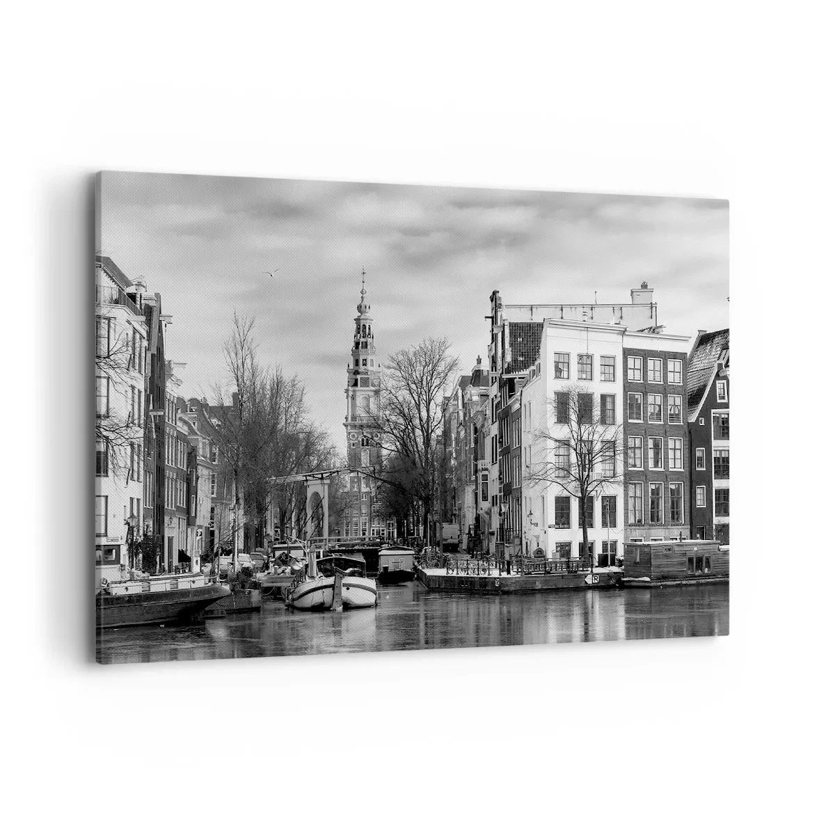 Cuadro sobre lienzo - Impresión de Imagen - Panorama en blanco y negro de Ámsterdam con canal y edificios históricos - 100x70cm - Ambiente de Ámsterdam - Decoración de pared moderna para salón y dormitorio ARTTOR