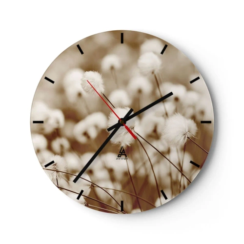 Reloj de pared - Reloj de vidrio - Plantas blancas y esponjosas contra un prado sepia brumoso - 30x30cm - Un mullido colchón - Decoración de pared moderna para salón, cocina y dormitorio ARTTOR