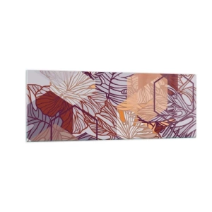 Cuadro sobre vidrio - Impresiones sobre Vidrio - Un patrón decorativo de hojas tropicales en tonos morado, naranja y beige. - 140x50cm - La unión imposible de la geometría y la naturaleza - Decoración de pared moderna para salón y dormitorio ARTTOR
