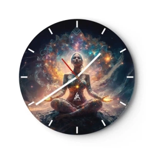 Reloj de pared - Reloj de vidrio - Una mujer en meditación rodeada de energía en los colores de la galaxia. - 30x30cm - Flujo de buena energía - Decoración de pared moderna para salón, cocina y dormitorio ARTTOR