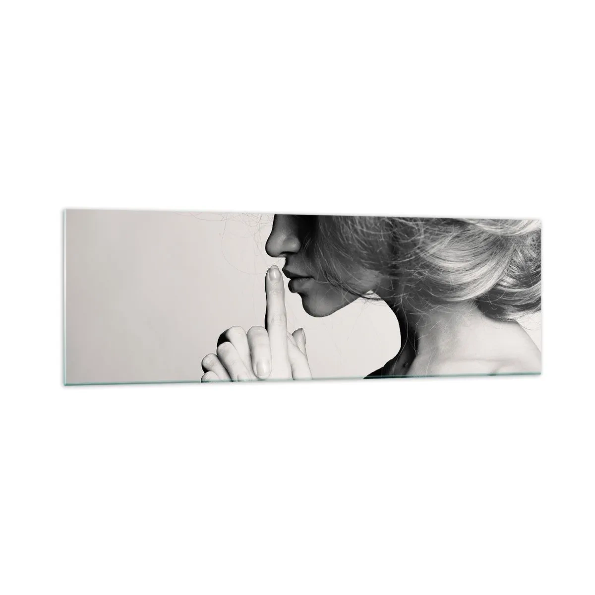 Cuadro sobre vidrio - Impresiones sobre Vidrio - Perfil en blanco y negro de una mujer haciendo un gesto de silencio. - 160x50cm - Escucharme a mí misma - Decoración de pared moderna para salón y dormitorio ARTTOR