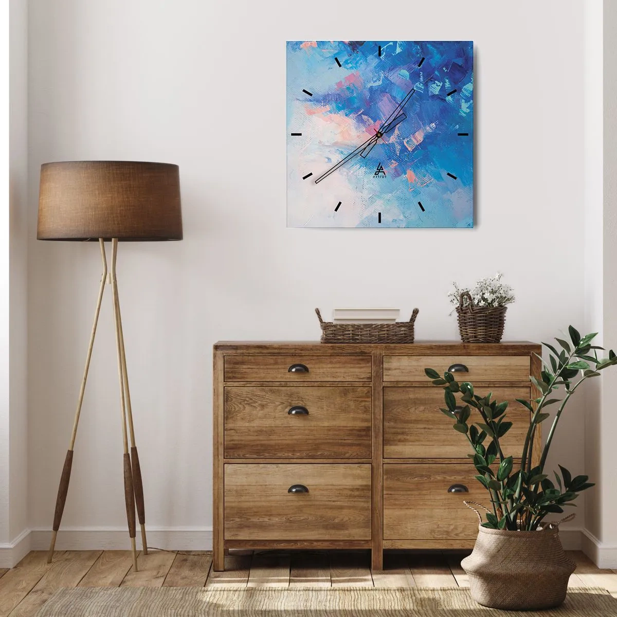 Reloj de pared - Reloj de vidrio - Composición abstracta en tonos azules y rosas. - 30x30cm - Abstracción invernal - Decoración de pared moderna para salón y dormitorio ARTTOR