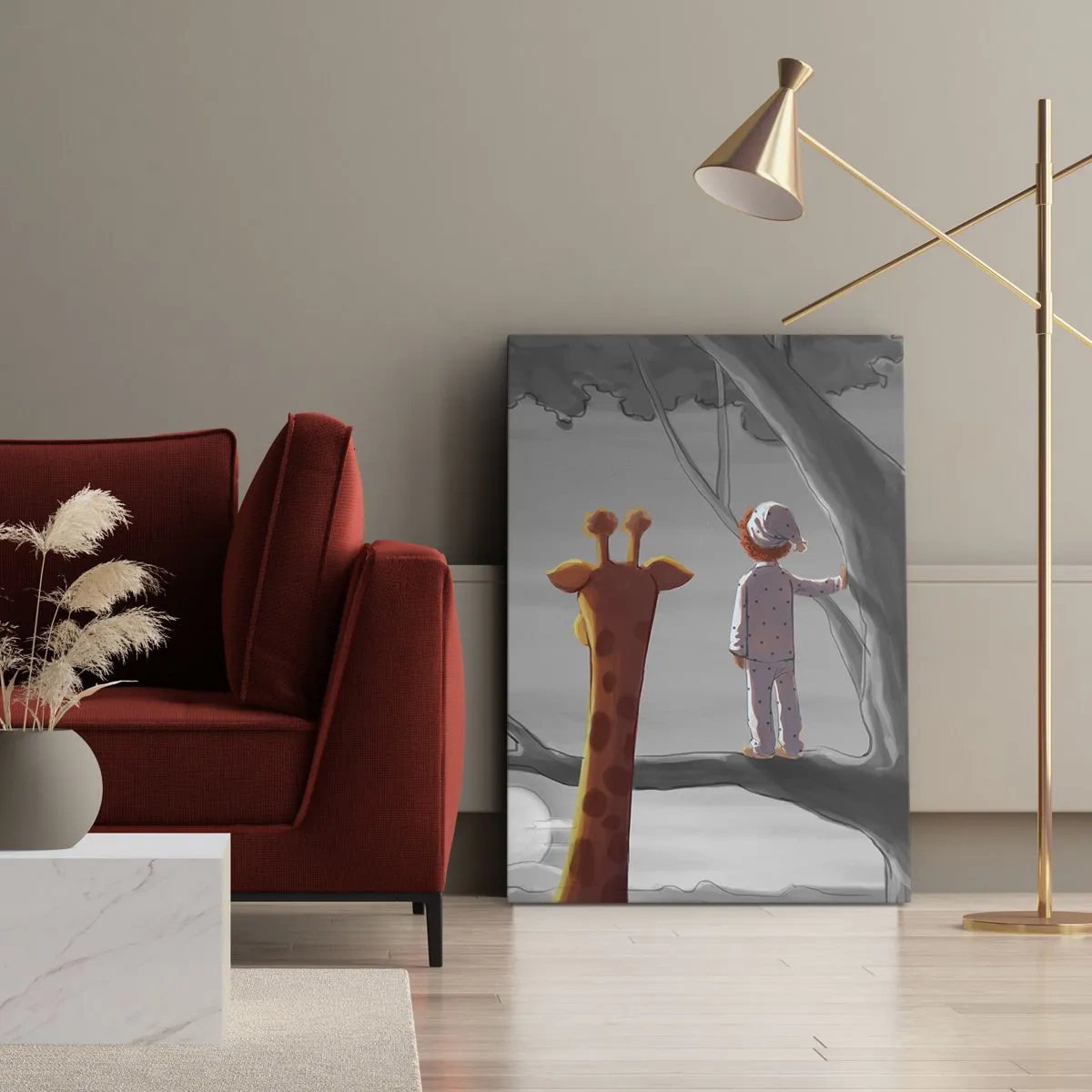 Cuadro sobre lienzo - Impresión de Imagen - Un niño y una jirafa en la rama de un árbol en un paisaje de cuento de hadas. - 70x100cm - ¿Está sucediendo de verdad? - Decoración de pared moderna para salón y dormitorio ARTTOR