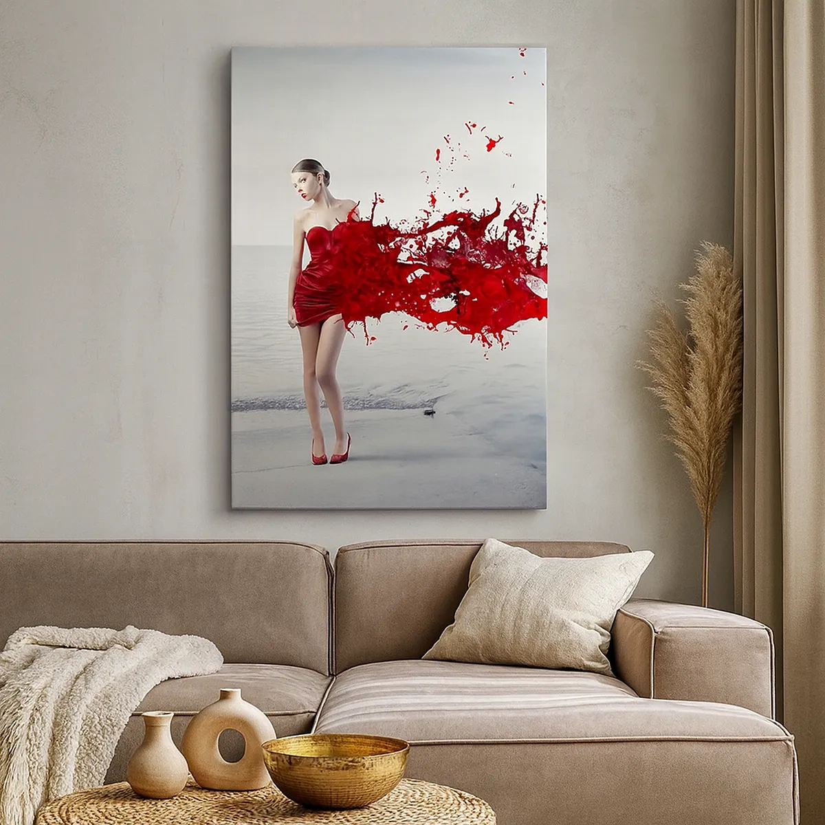 Cuadro sobre lienzo - Impresión de Imagen - Una mujer con un vestido rojo en una composición artística junto al agua. - 50x70cm - Apasionada como la escarlata - Decoración de pared moderna para salón y dormitorio ARTTOR
