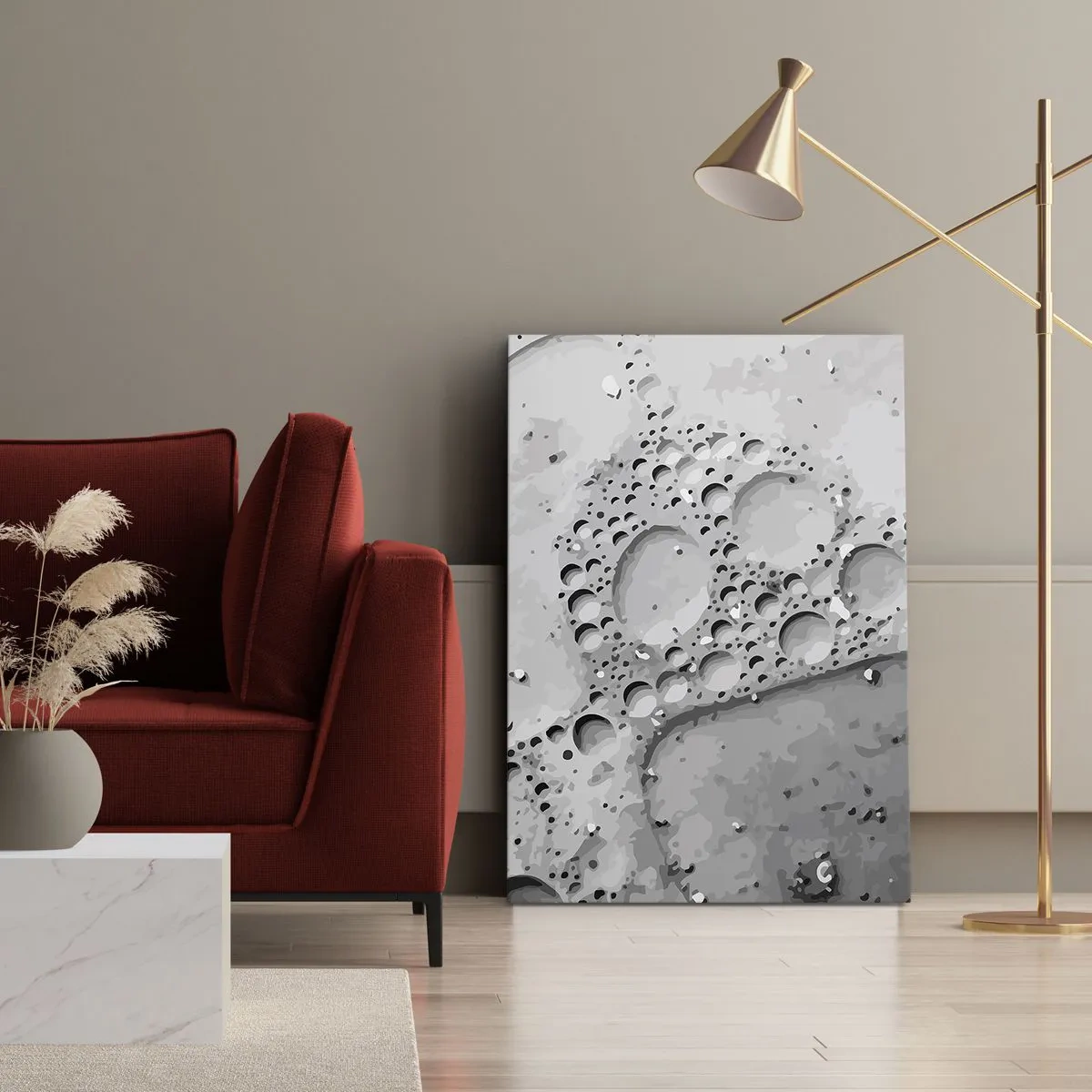 Cuadro sobre lienzo - Impresión de Imagen - Patrón de burbujas en blanco y negro en un estilo minimalista. - 50x70cm - Rastro espumoso - Decoración de pared moderna para salón y dormitorio ARTTOR