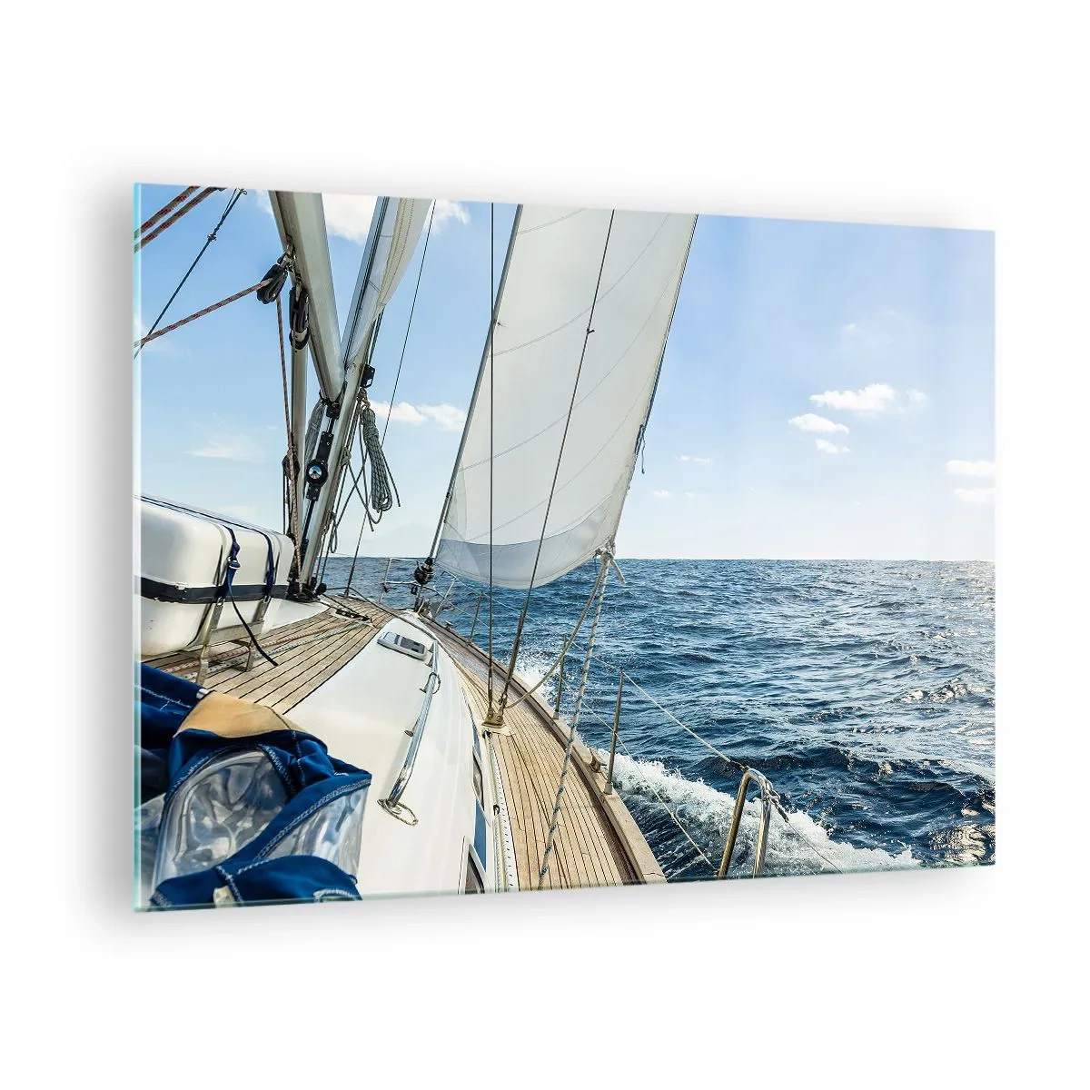 Cuadro sobre vidrio - Impresiones sobre Vidrio - Un yate en mar abierto con sus velas desplegadas - 70x50cm - Ahoy, a la aventura - Decoración de pared moderna para salón y dormitorio ARTTOR