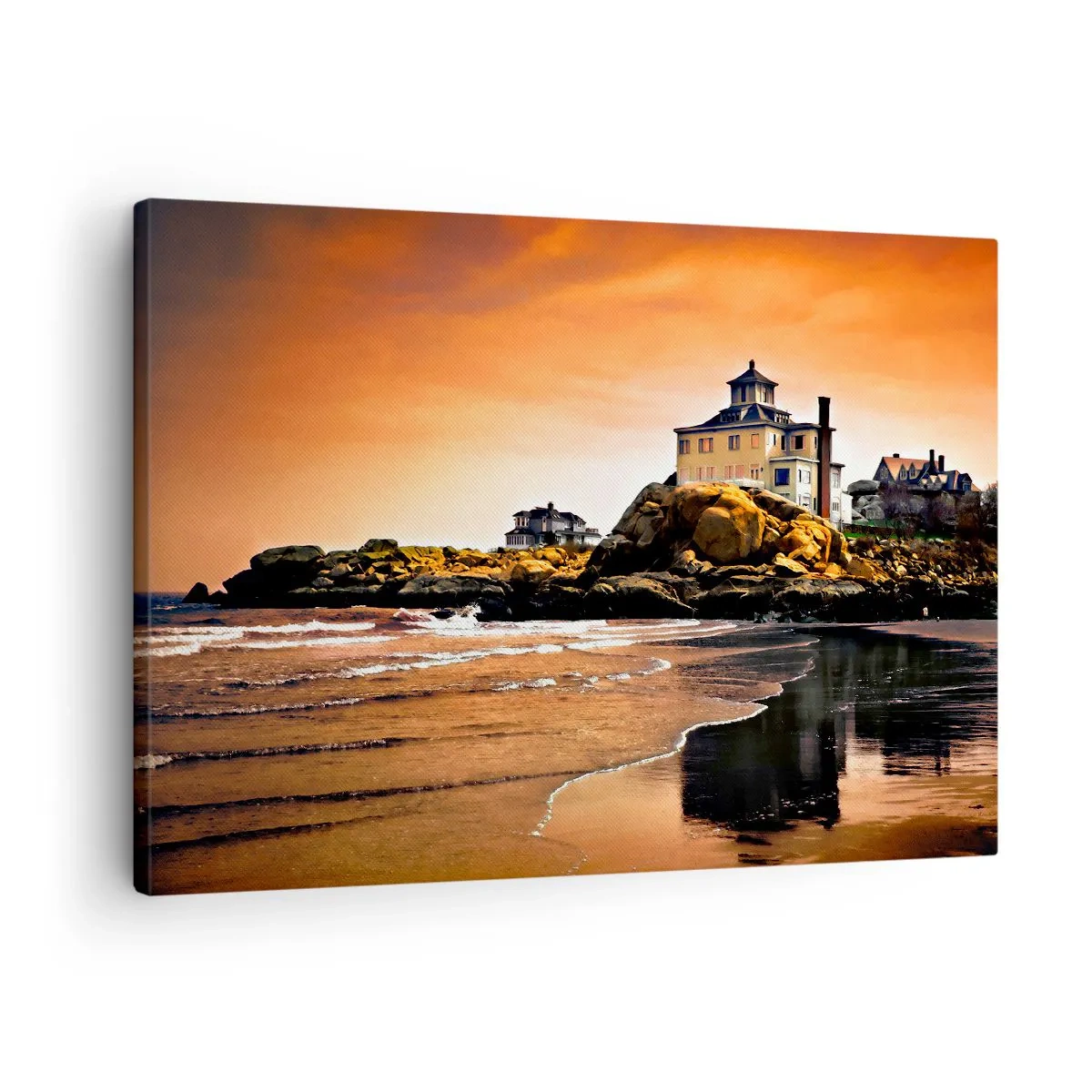 Cuadro sobre lienzo - Impresión de Imagen - Una casa sobre una roca junto a la playa al atardecer con su reflejo en el agua. - 70x50cm - La elegancia de la costa oeste - Decoración de pared moderna para salón y dormitorio ARTTOR
