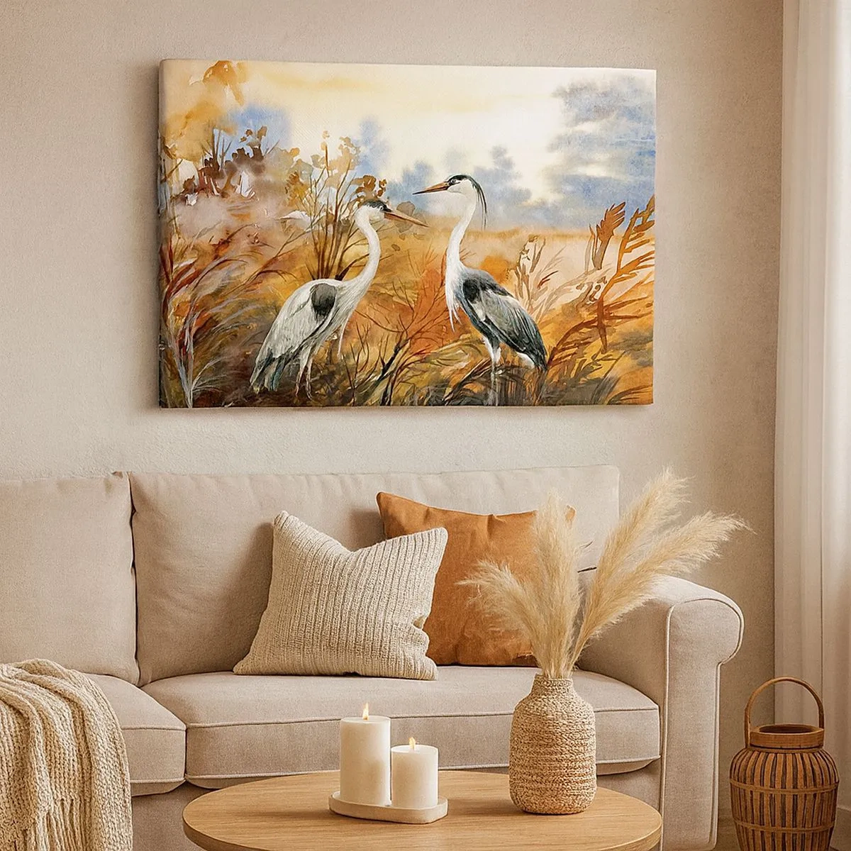 Cuadro sobre lienzo - Impresión de Imagen - Dos garzas sobre el fondo de un paisaje otoñal. - 70x50cm - ¿A dónde nos dirigimos en otoño? - Decoración de pared moderna para salón y dormitorio ARTTOR