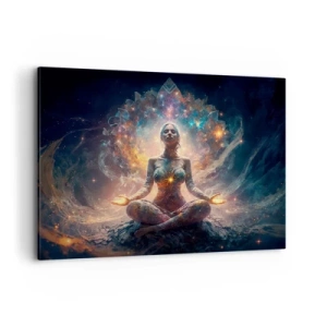 Cuadro sobre lienzo - Impresión de Imagen - Una figura meditando rodeada de patrones y colores energéticos. - 100x70cm - Flujo de buena energía - Decoración de pared moderna para salón y dormitorio ARTTOR