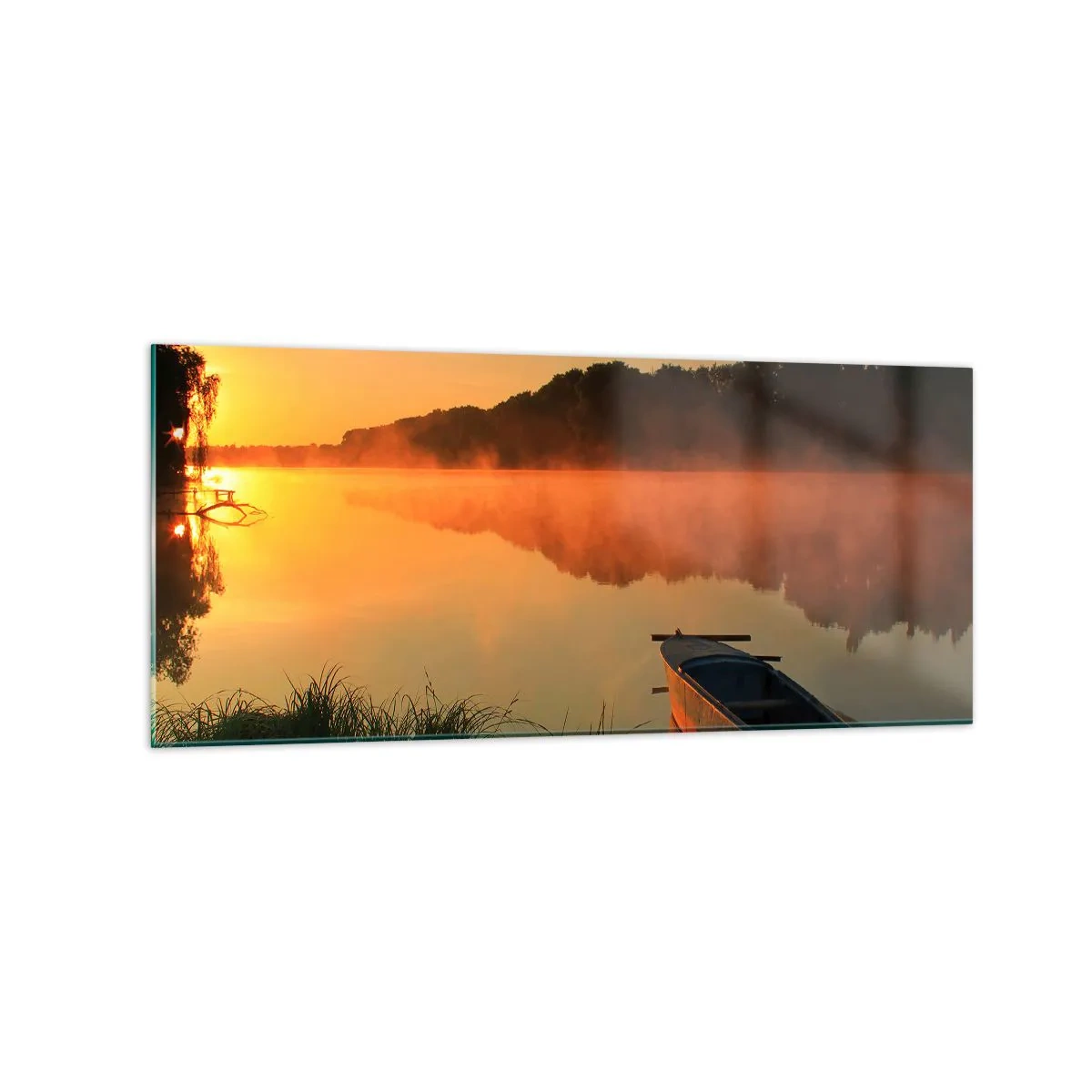 Cuadro sobre vidrio - Impresiones sobre Vidrio - Niebla matutina sobre el río con un barco bajo los rayos del sol. - 120x50cm - Amanecer sobre el agua como la superficie de un espejo - Decoración de pared moderna para salón y dormitorio ARTTOR