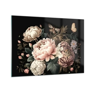 Cuadro sobre vidrio - Impresiones sobre Vidrio - Composición floral con mariposas sobre fondo negro. - 70x50cm - En estilo barroco - Decoración de pared moderna para salón y dormitorio ARTTOR