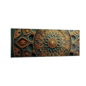 Cuadro sobre vidrio - Impresiones sobre Vidrio - Un mandala dorado sobre un fondo turquesa con ricos detalles. - 140x50cm - En un clima árabe - Decoración de pared moderna para salón y dormitorio ARTTOR