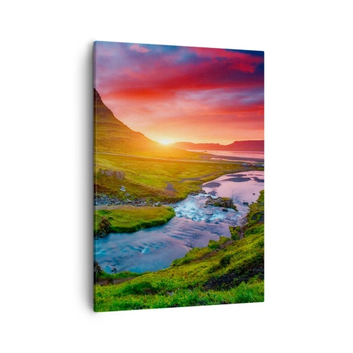 Cuadro sobre lienzo - Impresión de Imagen - Cascada pintoresca y montaña al atardecer - 50x70cm - Islandia - fuego y agua - Decoración de pared moderna para salón y dormitorio ARTTOR