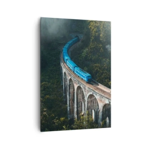 Cuadro sobre lienzo - Impresión de Imagen - Un tren azul en un viaducto histórico entre los bosques. - 70x100cm - Vías sobre la naturaleza - Decoración de pared moderna para salón y dormitorio ARTTOR