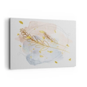 Cuadro sobre lienzo - Impresión de Imagen - Un delicado motivo de hojas doradas sobre un fondo pastel con detalles de acuarela. - 100x70cm - Ráfaga dorada - Decoración de pared moderna para salón y dormitorio ARTTOR