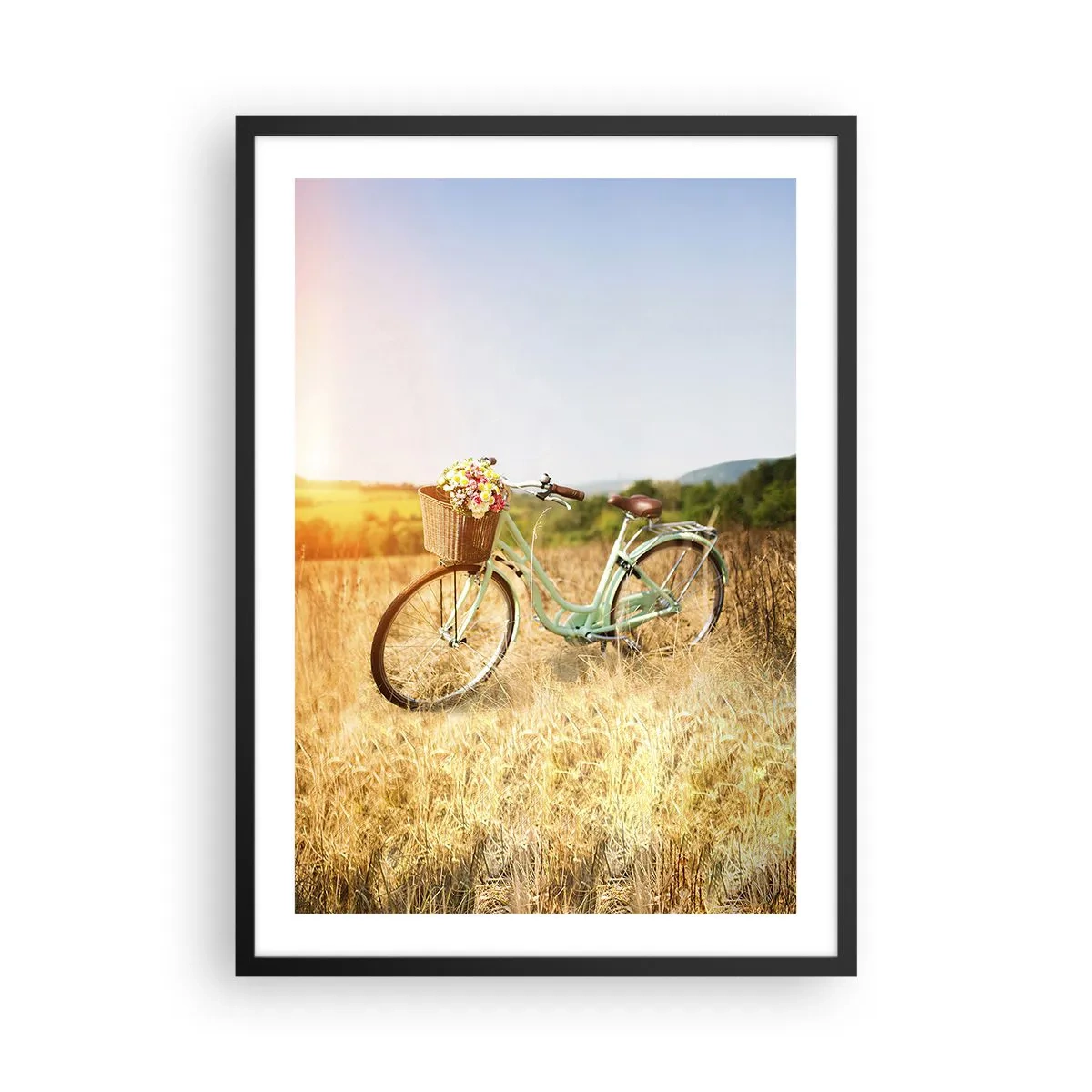 Póster en marco negro - Una bicicleta con una cesta llena de flores en un prado. - 50x70cm - Me quedaré aquí un tiempo - Decoración de pared moderna para salón y dormitorio ARTTOR