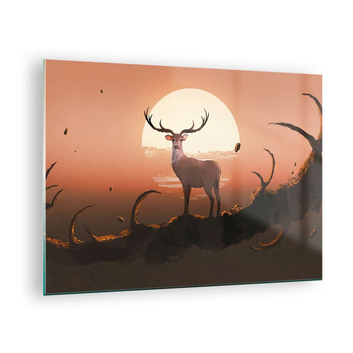 Cuadro sobre vidrio - Impresiones sobre Vidrio - Silueta de un ciervo con una gran luna rodeada de ramas como telón de fondo. - 70x50cm - Esta noche es diferente a cualquier otra - Decoración de pared moderna para salón y dormitorio ARTTOR