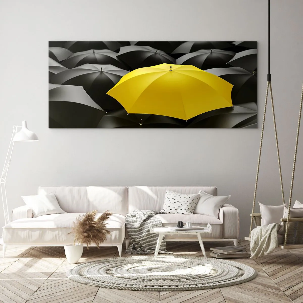 Cuadro sobre vidrio - Impresiones sobre Vidrio - Un paraguas amarillo entre paraguas negros. - 120x50cm - Adiós a la tristeza - Decoración de pared moderna para salón y dormitorio ARTTOR