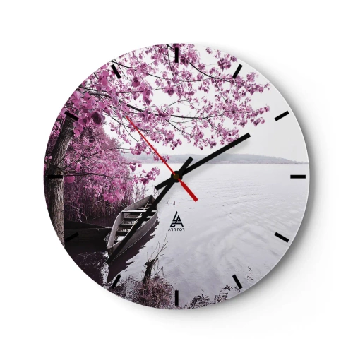 Reloj de pared - Reloj de vidrio - Un barco en la orilla con cerezos en flor. - 30x30cm - En el silencio rosa - Decoración de pared moderna para salón, cocina y dormitorio ARTTOR