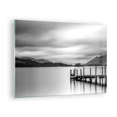 Cuadro sobre vidrio - Impresiones sobre Vidrio - Paisaje en blanco y negro con un lago y un muelle de madera. - 70x50cm - Dulzura y la fuerza - Decoración de pared moderna para salón y dormitorio ARTTOR