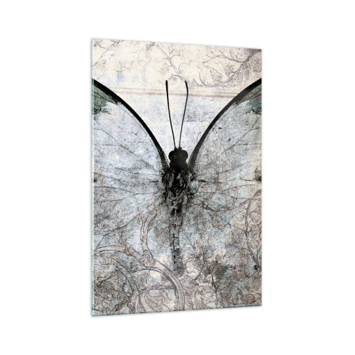 Cuadro sobre vidrio - Impresiones sobre Vidrio - Una mariposa en tonos verdes y grises sobre un fondo decorativo. - 70x100cm - En el estilo Art Nouveau - Decoración de pared moderna para salón y dormitorio ARTTOR