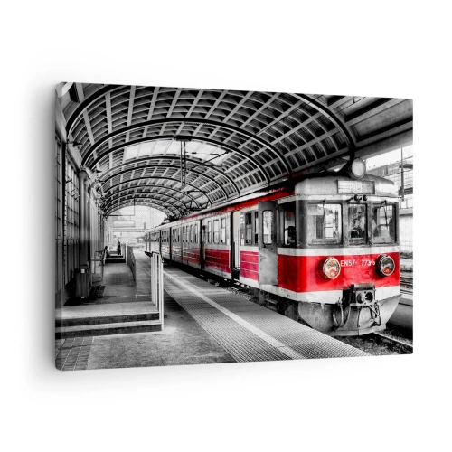 Cuadro sobre lienzo - Impresión de Imagen - Tren rojo en la estación bajo techo. - 70x50cm - ¿El viaje de su vida? - Decoración de pared moderna para salón y dormitorio ARTTOR