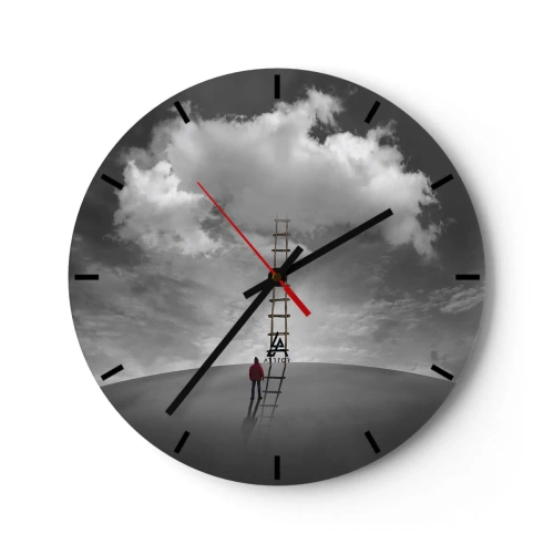 Reloj de pared - Reloj de vidrio - Un hombre subiendo una escalera hacia una nube contra el cielo. - 30x30cm - Todo es posible - Decoración de pared moderna para salón, cocina y dormitorio ARTTOR