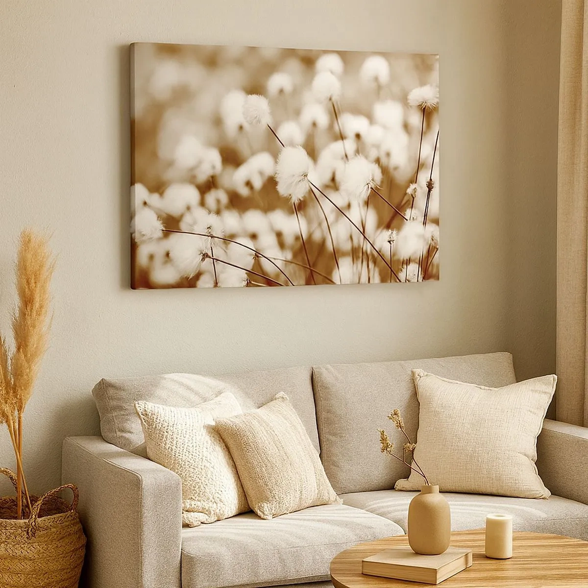 Cuadro sobre lienzo - Impresión de Imagen - Un campo de delicadas plantas en tonos sepia. - 70x50cm - Un mullido colchón - Decoración de pared moderna para salón y dormitorio ARTTOR