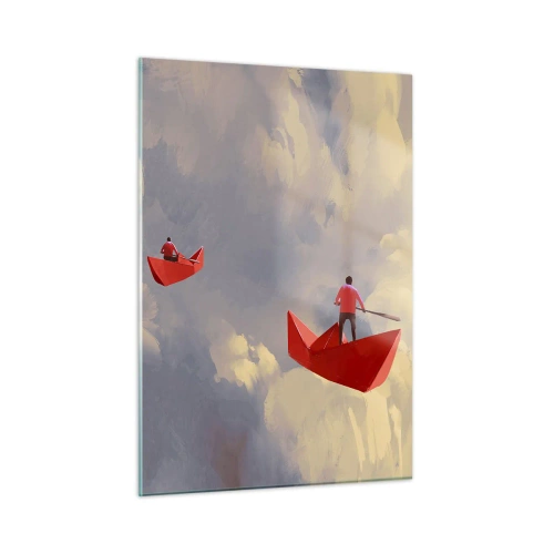 Cuadro sobre vidrio - Impresiones sobre Vidrio - Dos personas en botes rojos contra un cielo nublado - 50x70cm - El viaje de un soñador - Decoración de pared moderna para salón y dormitorio ARTTOR